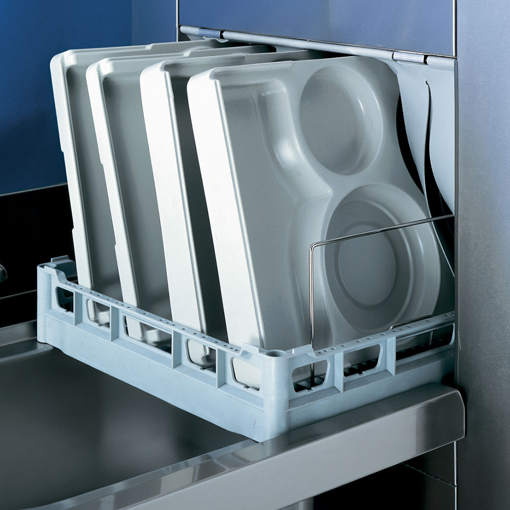 Open dishwasher with white plate racks loaded inside, blue interior visible.