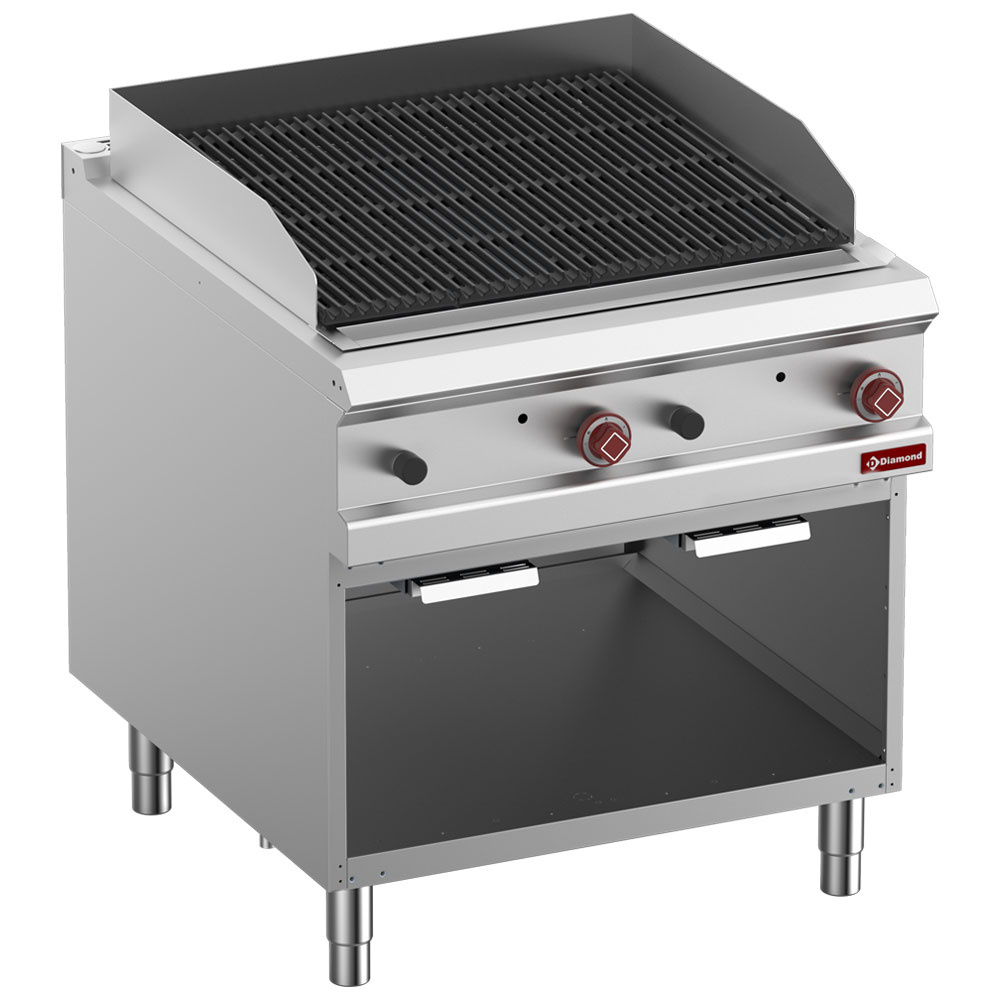 Lava-stengrill 800 mm – 2 vendbare støbejernsriste – Åbent underskab – 17.200 kcal/t