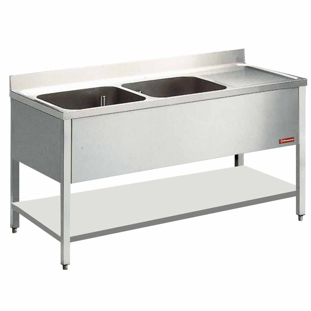 Vaskebord med 2 kummer og højre drypbakke – 1400 x 600 mm – AISI 304