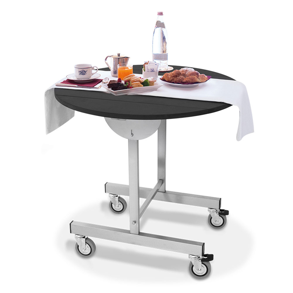 Roomservice bord Ø 800 mm – Foldbar plade – Sort Melamin & Rustfrit Stål