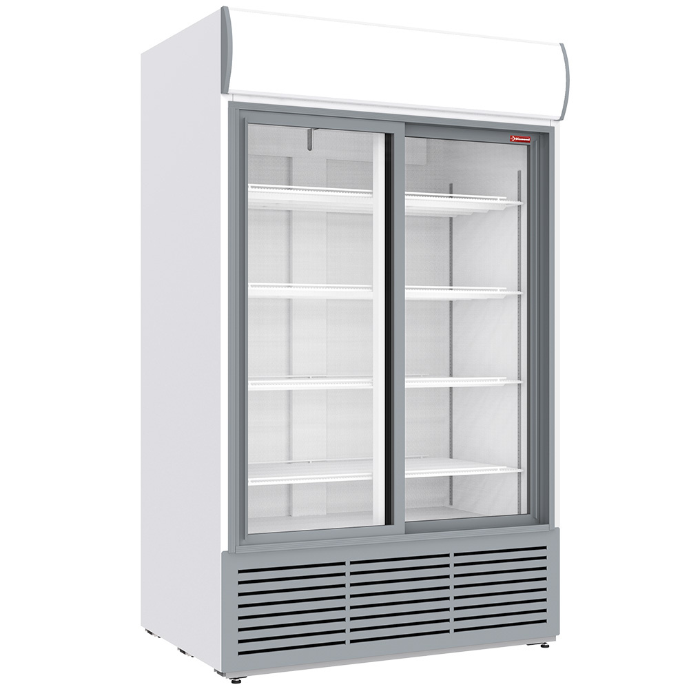 Displaykøleskab 1230 L med Skydedøre & Lysskilt – Hvid - B1200 x D835 x H2009 mm