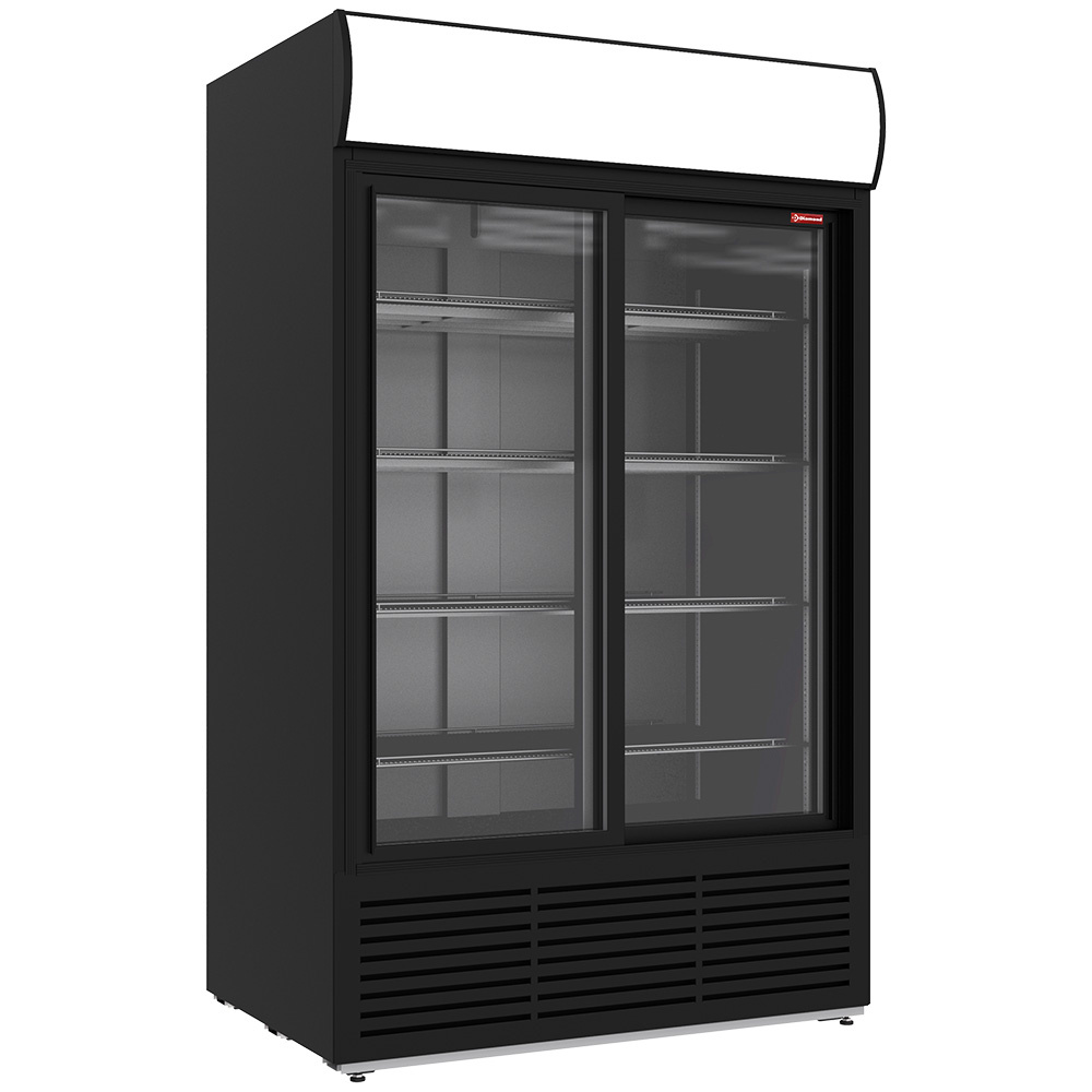Displaykøleskab 1230 L med Skydedøre & Lysskilt – Sort - B1200 x D835 x H2009 mm