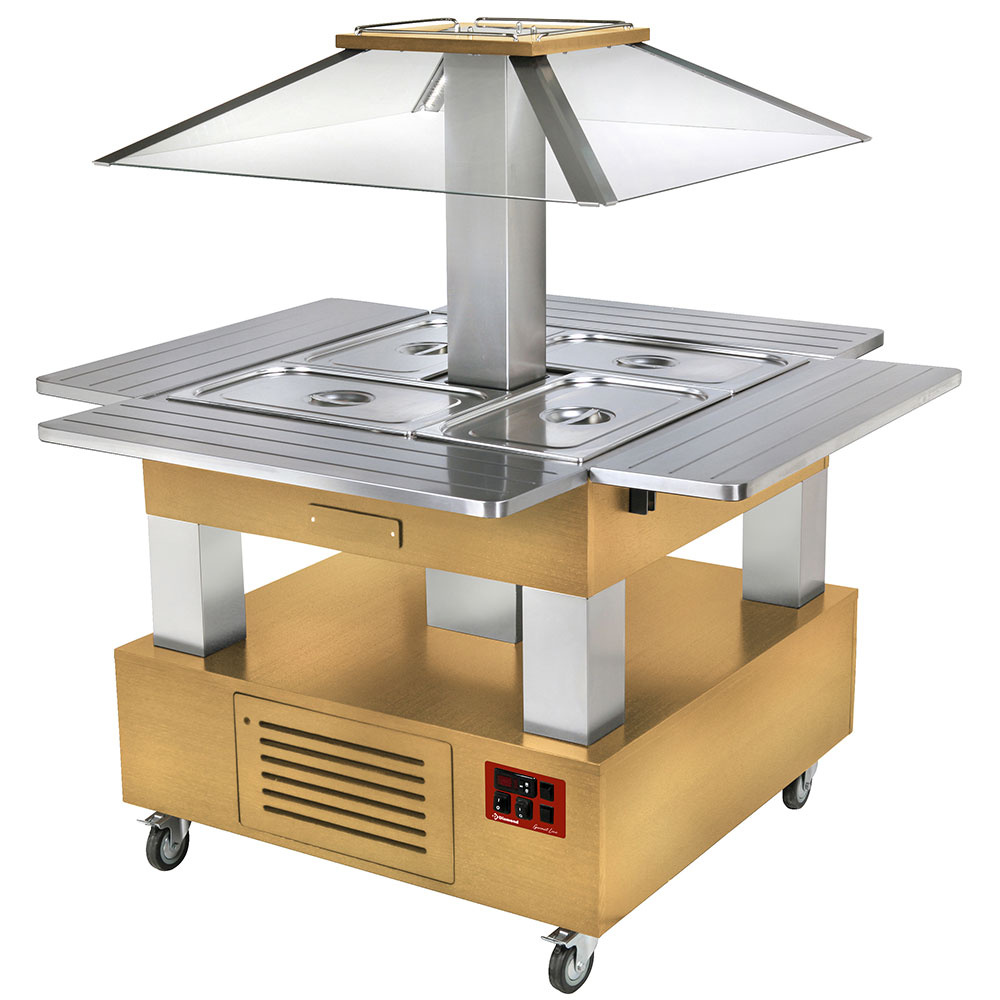 Kølet Ø-buffet med motoriseret tag – 4x GN 1/1 – Lyst egetræ