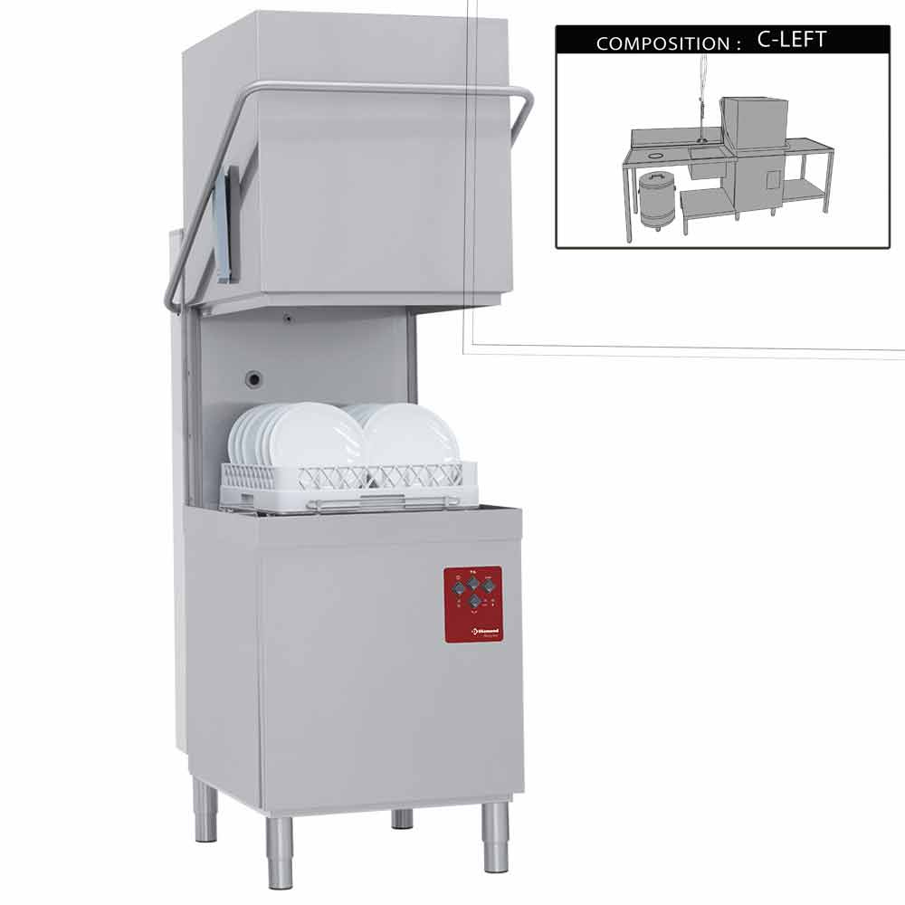Hætteopvaskemaskine vaskestation m/ 1200mm venstre bord, TCD-skyl & 50L spand – 6,5 kW