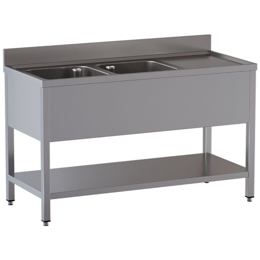 Vaskebord med 2 vaske, højre drypbakke og hylde – 1400x600 mm