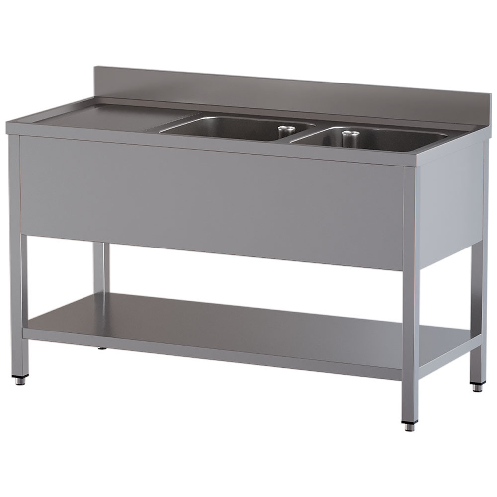 Vaskebord m. 2 vaske, venstre drypbakke og hylde – 1600x700 mm