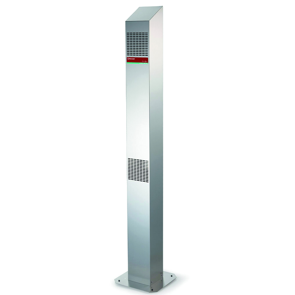 Tall freestanding stainless steel vented column with grille openings near the top and middle, mounted on a square base plate.