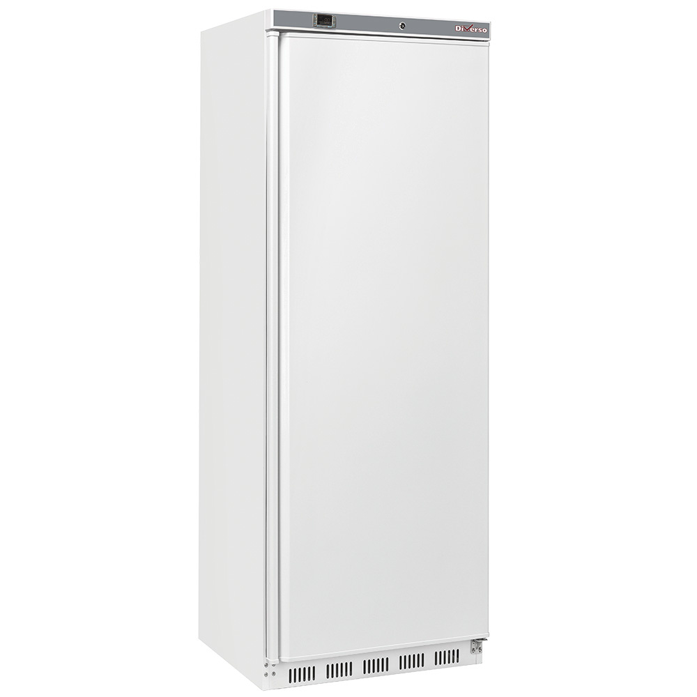 Tall white upright freezer with a vertical handle and brand label at the top right corner of the door panel