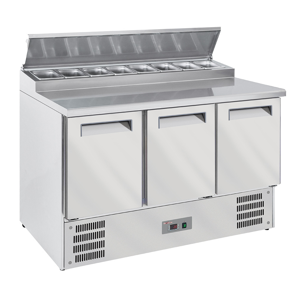 Commercial stainless steel prep station with three refrigerated doors and a lift-up top for food pans.