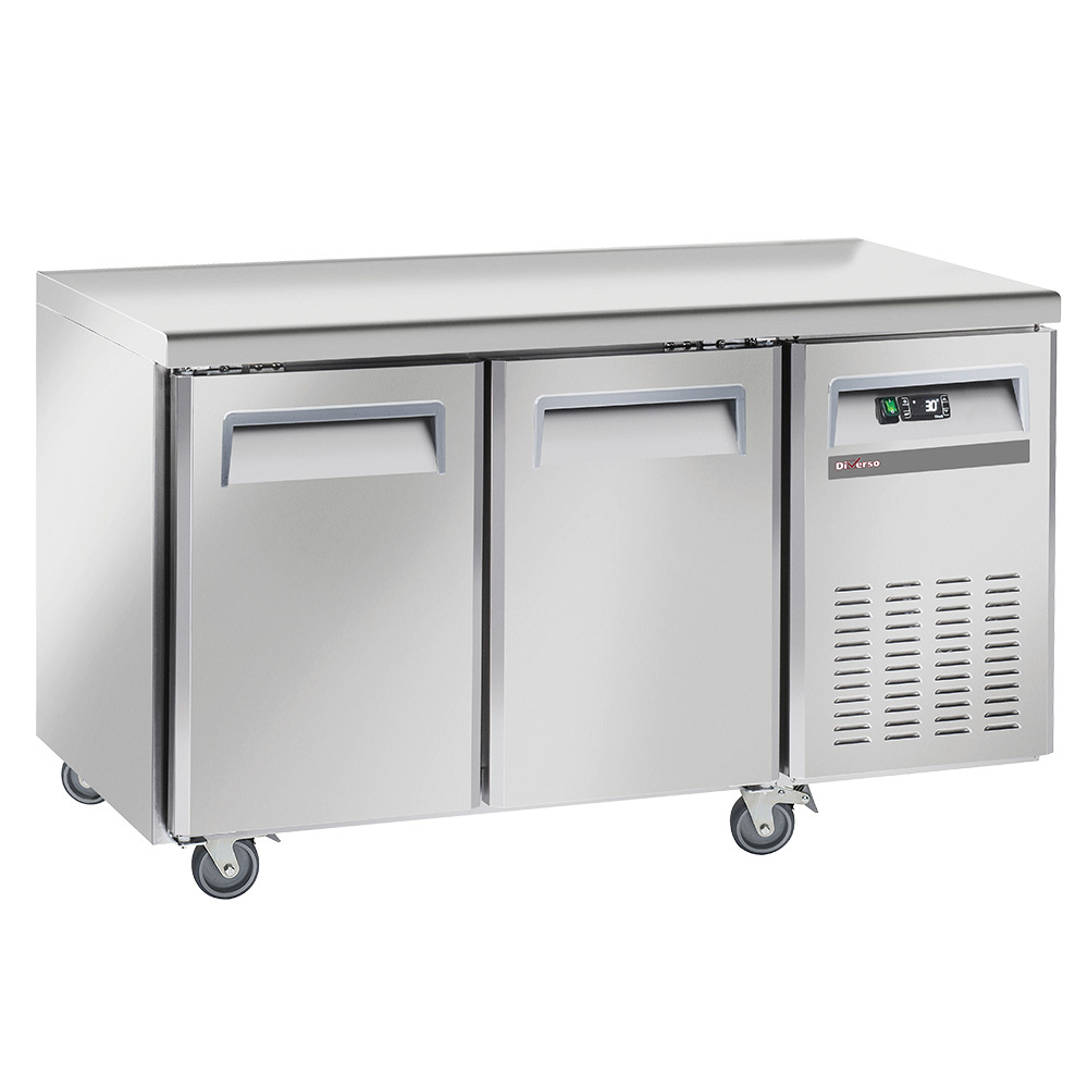 Stainless steel three-door undercounter refrigerator on wheels with a right-side refrigerated unit and digital control panel in the vented section