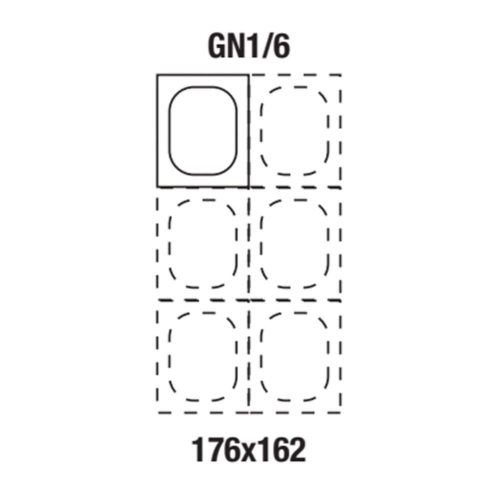 Grid illustrating pattern GN1/6: a 3x3 layout with the top-left cell filled by a rounded square; remaining cells show dashed outlines.