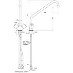 Technical drawing of a dual-handle kitchen faucet with a tall curved gooseneck spout, showing dimensions and hose connections to the sink (G1/2, M10x1).