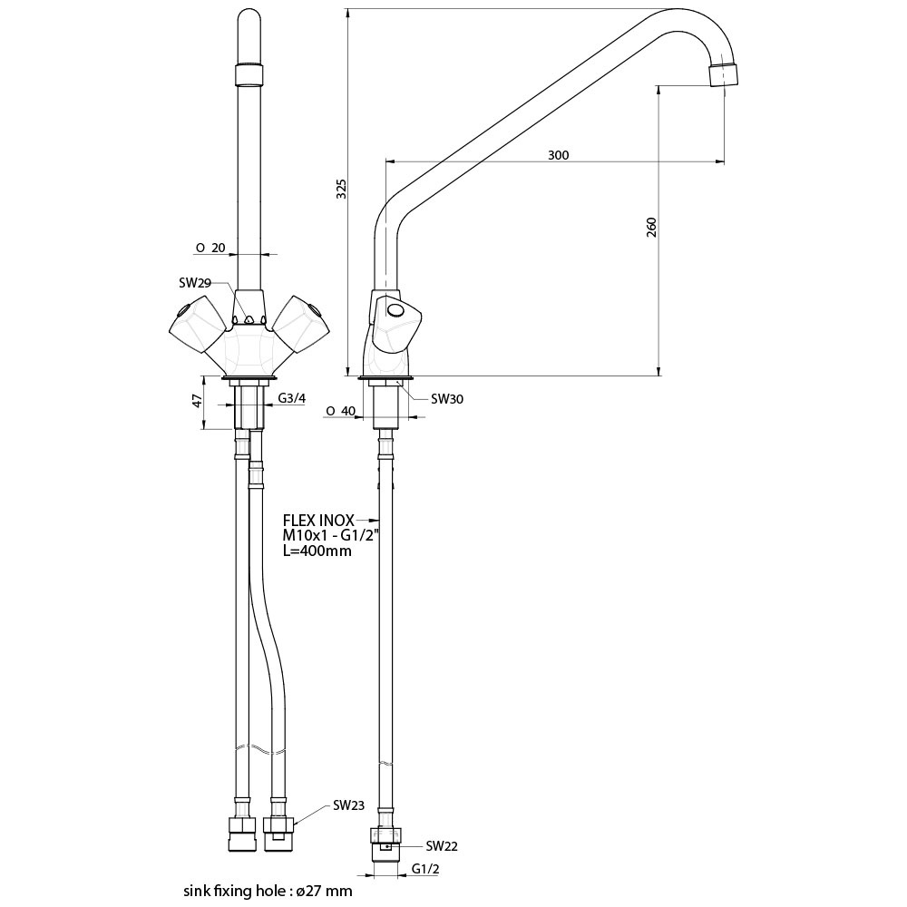 Technical drawing of a dual-handle kitchen faucet with a tall curved gooseneck spout, showing dimensions and hose connections to the sink (G1/2, M10x1).
