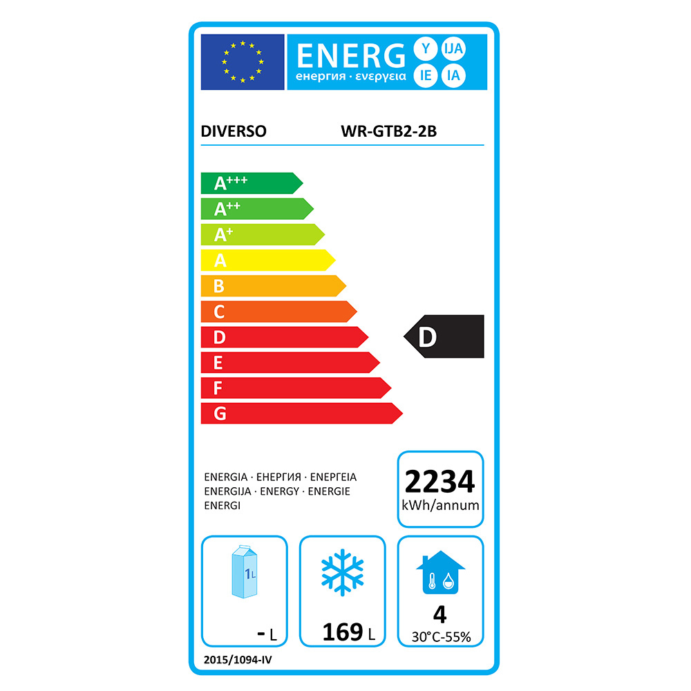 EU energy label for a Diverse WR-GTB2-2B appliance; energy class D highlighted on the red-to-green scale (A+++ to G), annual energy use 2234 kWh/year, and storage capacity indicators (169 L and 4 with 30°C–55% humidity).