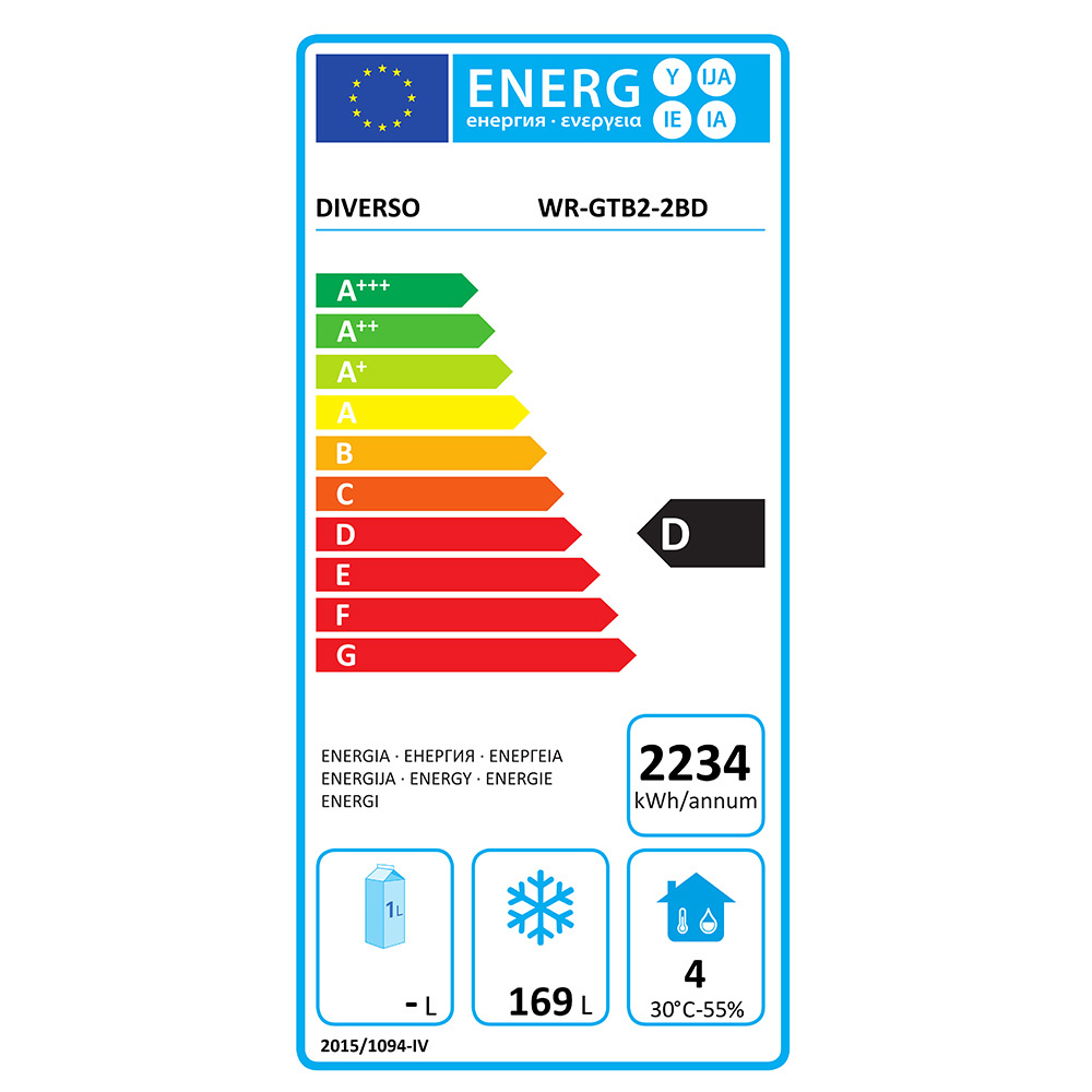 EU energy label for Diverso WR-GTB2-2BD: rainbow energy scale from A+++ to G with D highlighted; annual consumption 2234 kWh/year; 169 L capacity; icons for 1 L bottle, freezer, and humidity/temperature 30–55%