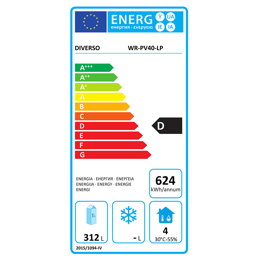 EU energy label for WR-PV40-LP; product DIVERSO, current energy class D, with A+++ to G color bars, 624 kWh/annum, 312 L capacity