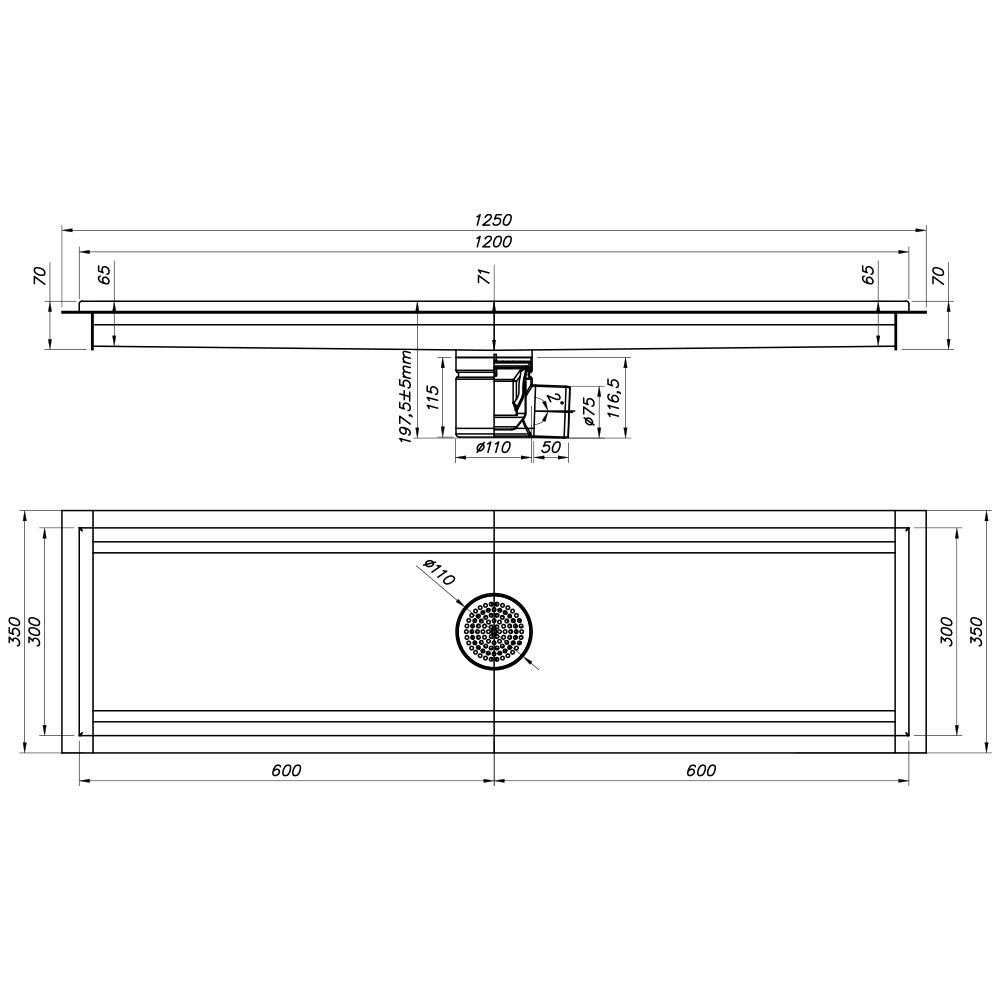 Engineering blueprint of a long rectangular panel with a central circular perforated vent (Ø110 mm) and mounting details; overall length 1250 mm with side flange dimensions.