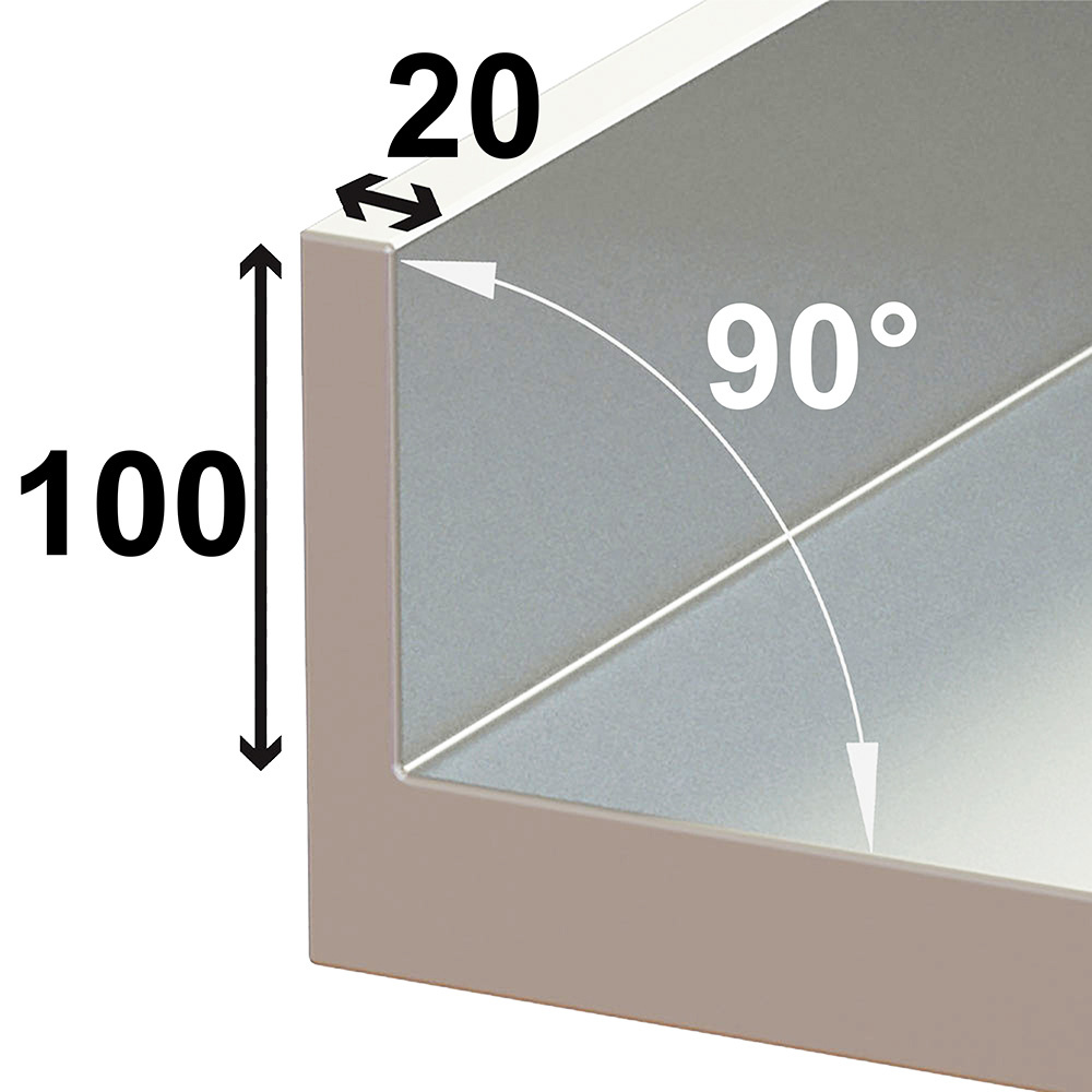 Technical diagram of a corner: 100 mm tall, 20 mm top edge, showing a 90-degree bend with curved arrows.