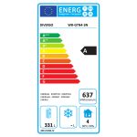 European energy label: shows EU flag, ENERG branding, model DIVERSO WR-GTN4-3N, energy class A (highlighted), color scale from A+++ to G, annual consumption 637 kWh/year, 331 L capacity, and bottom icons for storage and conditions.
