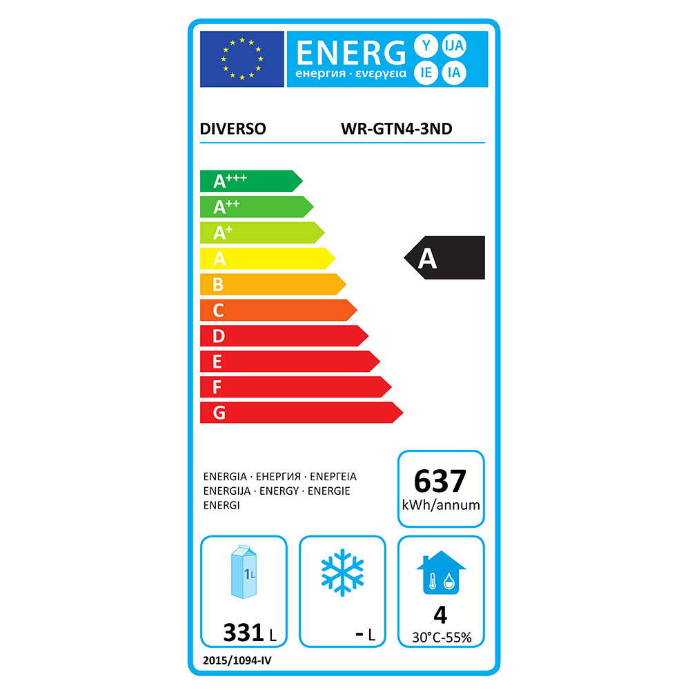 European energy label for the appliance showing energy class A, consumption 637 kWh/yr and 331 L capacity