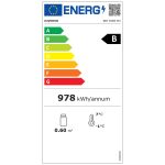 EU energy label: energy class B highlighted on a color scale (A–G); annual consumption 978 kWh; 0.60 m² area; temperature icons showing 7°C and -1°C.