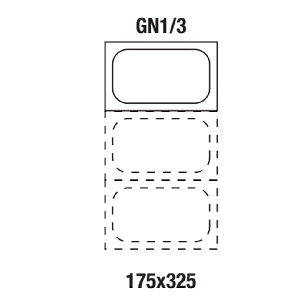 Diagram of a GN 1/3 gastronorm pan: three stacked containers (top solid outline, two dashed outlines) labeled 175×325.