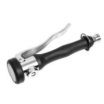 Manual corkscrew wine opener with black ergonomic handle and silver lever, ready to remove a cork from a bottle.