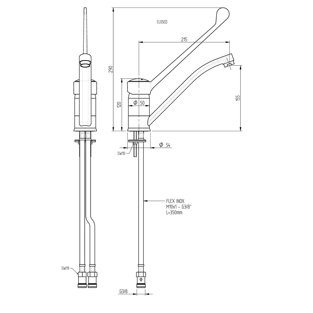Front and side views of a single-handle pull-down kitchen faucet with a long lever, flexible hose, and mounting hardware, including dimensions and connection sizes.