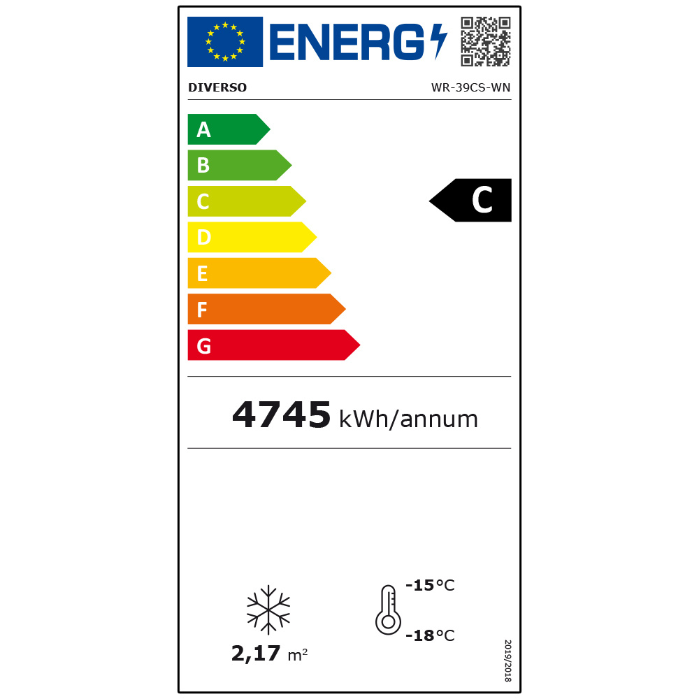 EU energy label: efficiency class C with colored A–G bars, annual energy use 4745 kWh, area 2.17 m², and operating temperatures −15°C to −18°C (QR code visible).