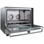 Commercial stainless steel convection oven with glass door and pull-out rack tray system inside.