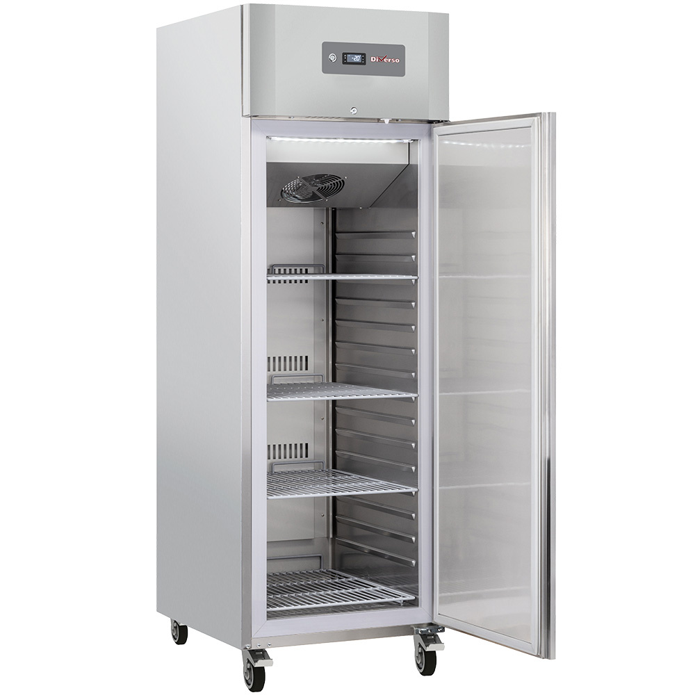 Tall stainless-steel commercial refrigerator with a glass door, open to reveal multiple adjustable wire shelves on casters.