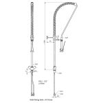 Technical drawing of a pull-down kitchen faucet with a flexible spring spout, dual handles, and attached hoses, showing dimensions and fittings for installation.